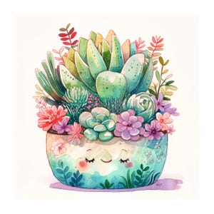 Sappige tuinpotten clipart JPG, schattige cartoon ingemaakte kamerplanten sublimatie kunst, kawaii plantenbakken graphics voor tassen mokken wenskaarten
