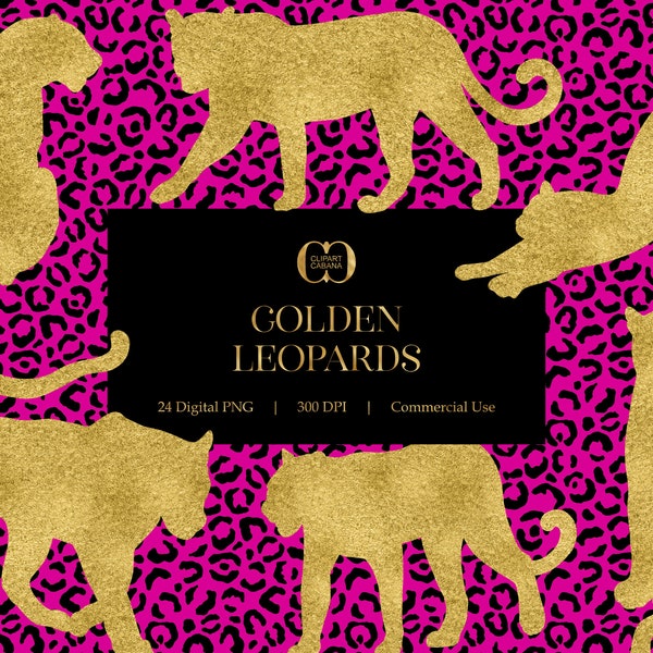 Gold Leopards Clipart, Golden African Safari Jungle Cat, Foil Panther Silhouettes for Sublimation, Scrapbooking, Commercial Use PNG Download