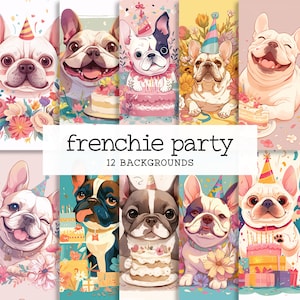 Französische Bulldoggen-Party-Hintergründe, niedliche Hunde-Geburtstagskuchen-Hut-Sublimationskunst, grafische Designs für Tragetaschen, Aufkleber, Grußkarten-Designs