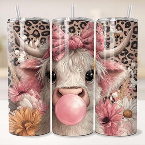 Envoltura para vaso delgado de 20 oz con diseño de vaca bebé de chicle, pañuelo para la cabeza estilo western para niños con lazo, margaritas, estampado de leopardo y abejorro, plantilla de sublimación para descargar