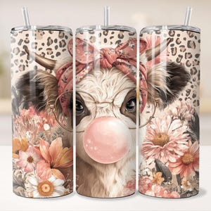 Envoltura para vaso delgado de 20 oz con diseño de chicle de vaca bebé, bonito lazo para la cabeza, estampado de margaritas bohemias y leopardo, con gafas, diseño de sublimación sin costuras