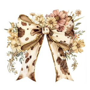 12 Laços florais de couro de vaca Clipart JPG, Fita de flores silvestres Country Coquette, Desenhos românticos de laços marrons ocidentais para bolsas, canecas, cartões, sublimação