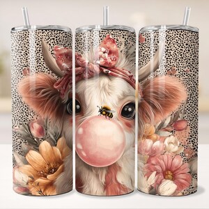 Envoltura para vaso delgado de 20 oz con diseño de vaca bebé de chicle, pañuelo para la cabeza estilo western para niños con lazo, margaritas, estampado de leopardo y abejorro, plantilla de sublimación para descargar