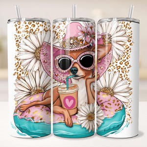 Niedliche Chihuahua auf Pool Float 20 Unzen Skinny Tumbler Wrap, Pink Cowgirl Sommer Vibes Iced Latte Daisy Leopard Print Sublimation Design Vorlage