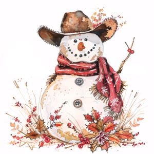10 Cowboy Snowmans Clipart JPG, Bonitos Gráficos de Sublimação de Outono Ocidental, Desenhos de Outono Kawaii para Sacolas, Canecas, Cartões de Saudação