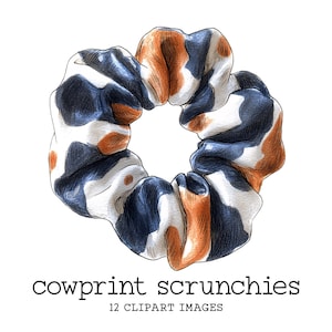 12 Cowprint Hair Scrunchies Clipart JPG, Western elastisches Haarband, Country Cowgirl Pferdeschwanz Inhaber Designs für Taschen Tassen Karten Sublimation