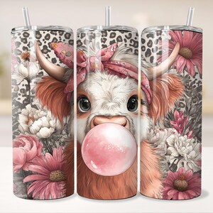 Niedliche Baby Kuh Bubble Gum 20 Unzen Skinny Tumbler Wrap, Boho Pink Headwrap Schleife Daisy Florals Leopard Print Nahtlose Sublimation Design Vorlage