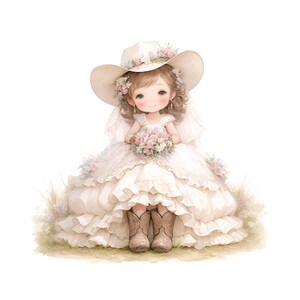 12 Western Blumenmädchen Clipart JPG, niedliches Aquarell Little Cowgirl Stiefel, Kind mit Hochzeitsstrauß in Kleid Tasche Becher Shirt Sublimation Art