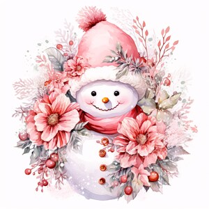 12 Blush Snowmans e Florals Clipart JPG, Bonitos Gráficos de Sublimação de Férias de Inverno, Desenhos de Aquarela para Sacolas, Canecas, Cartões de Saudação