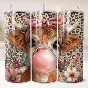 Kauwgom blazende bruine baby Highland Cow 20oz skinny bekeromslag, western hoofddoek strik madeliefjes luipaardprint naadloos sublimatieontwerp
