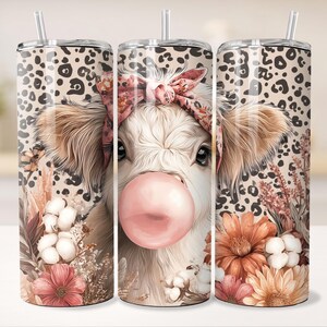 Envoltura para vaso delgado de 20 oz con diseño de vaca bebé bohemia, chicle, lazo para la cabeza, estampado floral de margaritas y leopardo, plantilla de diseño de sublimación sin costuras