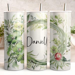 Antique vert couronne florale 20 oz d'enveloppement mince de gobelet, ajoutez des feuilles botaniques de mariage personnalisées de nom, art numérique blanc sans couture de texte personnalisé