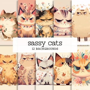 Tła Sassy Cats, urocze zrzędliwe koty, grafika sublimacyjna, grafiki Sour Puss Faces na torby, naklejki, projekty kart okolicznościowych