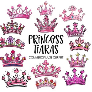 Pink Princess Tiaras Clipart PNG, Cute Cartoon Royal Crowns Doodle Art Elements, Hand Drawn for Shirts Mugs Tumblers Logos, Commercial POD