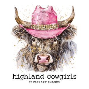 12 cliparts JPG de vaches Highland, chapeau de cow-girl rose western, romantique pays coquette impression T-shirt sac tasse carte sublimation dessins