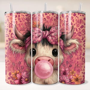 Envoltura para vaso delgado de 20 oz con diseño de vaca y chicle, para niños, con lazo rosa estilo western, margaritas, estampado de leopardo, plantilla de sublimación, descarga en formato JPG