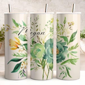 Antike grüne Blumen 20 Unze Skinny Tumbler Wrap, fügen Sie Ihren Namen hinzu Personalisierte Hochzeit botanische Blätter, benutzerdefinierte Text leere nahtlose Vorlage Art