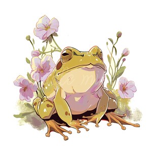 12 Frösche und Blumen Clipart JPG, süße Vintage Amphibien Sublimationsgrafiken, Botanische Pilze Designs für Tragetaschen Tassen Grußkarte