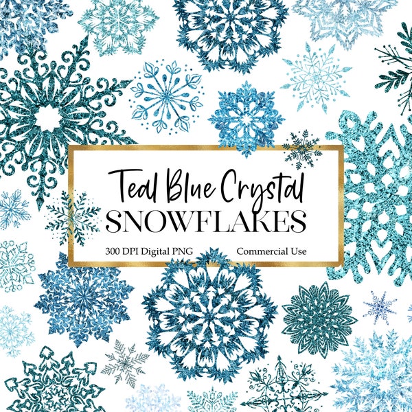 Teal Snowflakes Clipart, Ice Crystals Blue Snow Flakes Sublimation Art, Commercial Use POD Graphics, Printable PNG Digital Download