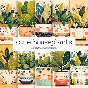 Leuke kamerplanten achtergronden, cartoon potplanten sublimatie kunst, kawaii plantenbakken graphics voor draagtassen tuimelaars wenskaart ontwerpen