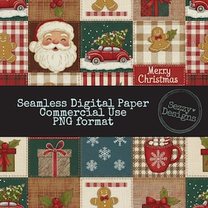 May include: A festive Christmas-themed digital paper design featuring a patchwork pattern. The design includes Santa Claus, gingerbread men, red cars with Christmas trees, gifts, and the text "Merry Christmas". The color palette includes red, green, and brown.