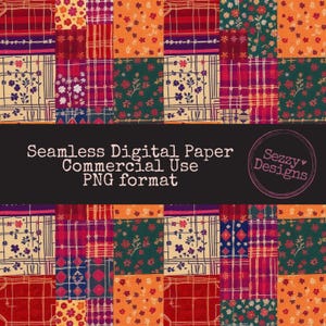 May include: Seamless digital paper with a patchwork design. The pattern features squares of various colours, including orange, red, green, and cream, with floral and plaid motifs. The text "Seamless Digital Paper Commercial Use PNG format" is displayed.