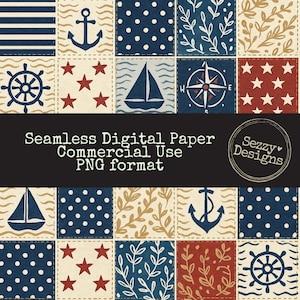 May include: A nautical-themed digital paper design featuring a patchwork pattern with navy blue, red, and beige squares. Each square contains maritime symbols like anchors, sailboats, and stars. The text reads "Seamless Digital Paper Commercial Use PNG format."