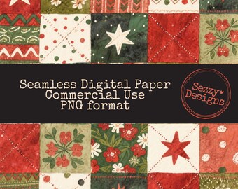 Padrão de Patchwork de Natal Sem Costura: Arquivo PNG para Uso Comercial (Download Digital)