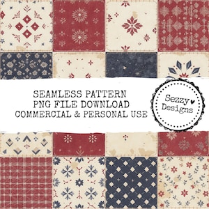 Op de afbeelding: Een naadloos patroonontwerp met een patchwork van vierkanten in rood, marineblauw en crème. Elke vierkant heeft een ander bloemen- of geometrisch ontwerp. De tekst "SEAMLESS PATTERN PNG FILE DOWNLOAD COMMERCIAL & PERSONAL USE" is inbegrepen.