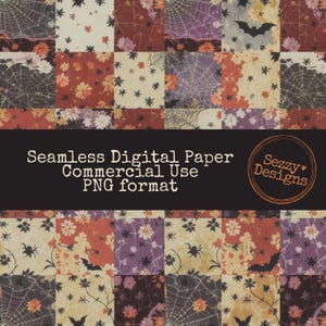 May include: A patchwork design with squares featuring floral, spiderweb, and bat motifs in cream, orange, purple, and brown. Text reads "Seamless Digital Paper Commercial Use PNG format."