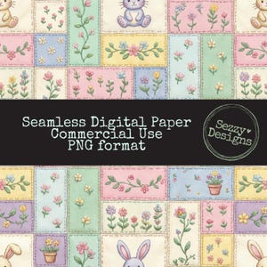 Pode incluir: Papel digital sem costura com um design de patchwork. O padrão apresenta quadrados em tons pastel com ilustrações florais e de coelhos. O texto "Seamless Digital Paper Commercial Use PNG format" é exibido em uma faixa preta.
