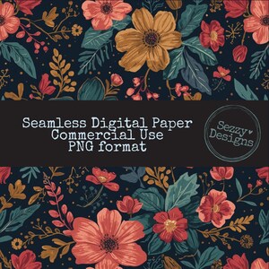 Könnte beinhalten: Nahtloses digitales Papier mit floralem Muster. Das Design zeigt große, stilisierte Blumen in Korallen-, Senfgelb- und Türkistönen auf einem dunkelblauen Hintergrund. Der Text "Seamless Digital Paper Commercial Use PNG format" wird angezeigt.