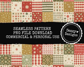 Padrão de Patchwork de Natal Sem Costura: Arquivo PNG para Uso Comercial (Download Digital)