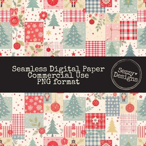 Peut inclure: Papier num&eacute;rique sans couture avec un motif patchwork comprenant des arbres de No&euml;l, des ornements et des &eacute;l&eacute;ments floraux aux couleurs rouge, bleu et cr&egrave;me. Le texte indique "Seamless Digital Paper Commercial Use PNG format".
