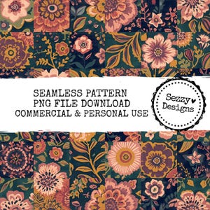 以下が含まれることがあります： パッチワークデザインのシームレスなフローラルパターン。デザインは、ピンク、イエロー、ピーチの色合いのさまざまな花を、濃いティールブルーの背景に配置しています。「SEAMLESS PATTERN PNG FILE DOWNLOAD COMMERCIAL & PERSONAL USE」と書かれたテキスト。