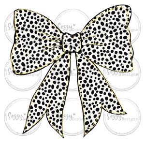 May include: A large black and white polka dot bow with a gold outline. The bow is tied in a classic style with the ends of the bow pointing down.