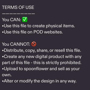 May include: Text on a dark background detailing terms of use. The text states what is allowed, such as creating physical items and using the file on POD websites. It also lists what is prohibited, including distribution, copying, and reselling the file.
