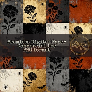 May include: A Halloween-themed digital paper design. It features black floral silhouettes, spiderwebs, bats, and spiders on a patchwork background of gold, orange, grey, and black squares. The text "Seamless Digital Paper Commercial Use PNG format" is included.