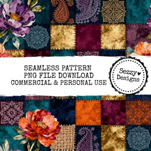 May include: A seamless pattern design featuring a patchwork of squares in teal, navy, gold, burgundy, and orange. The design includes floral and paisley elements. The text "SEAMLESS PATTERN PNG FILE DOWNLOAD COMMERCIAL & PERSONAL USE" is displayed.
