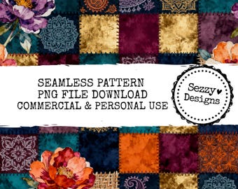 Padrão de patchwork floral sem costura: arquivo PNG para uso comercial (download digital)