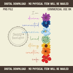 Può includere: Un design grafico digitale che presenta una pila verticale di sette fiori colorati in ordine di arcobaleno, ognuno abbinato a una parola: divine, connected, expressive, loved, strong, creative e safe. Un logo circolare riporta Sezzy Designs.