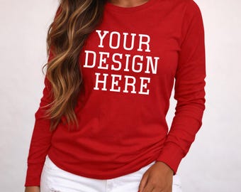 Bella Canvas 3501 Long Sleeve Mockup – Red Shirt, POD Lifestyle Photo, POD mockup, Red Bella Canvas, Mockup