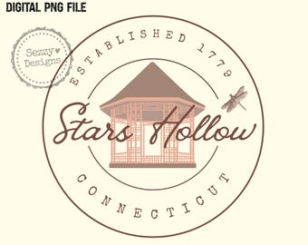 May include: A circular digital graphic design featuring a brown gazebo illustration, a dragonfly, and the text Stars Hollow, Connecticut, Established 1779. A small circular logo for Sezzy Designs is positioned in the upper left corner of the cream background.