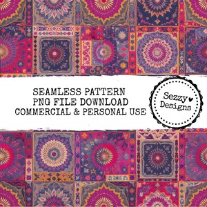 May include: A seamless pattern design featuring a patchwork of squares with intricate floral and geometric motifs in shades of pink, purple, blue, and gold. The design includes the text "SEAMLESS PATTERN PNG FILE DOWNLOAD COMMERCIAL & PERSONAL USE" and a logo.