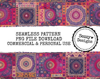 Seamless Boho Patchwork Pattern: Commercial Use PNG File (Digital Download)