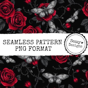 Gothic Lunar Moth & Rose Seamless Pattern: Commercial Use (PNG Digital Download