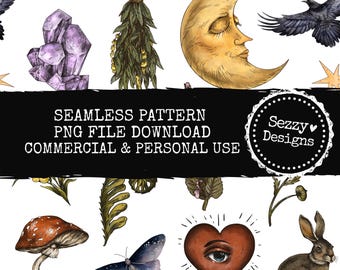 Witchy Halloween Muster: Kommerzielle Nutzung PNG (Digitaler Download)