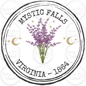 May include: Circular design with the text "MYSTIC FALLS VIRGINIA ~ 1864" in a black stamp-like border. A bouquet of purple flowers is in the center, with gold crescent moons and stars. The design is on a white background.