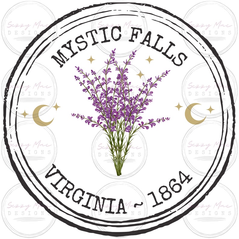 May include: Circular design with the text "MYSTIC FALLS VIRGINIA ~ 1864" in a black stamp-like border. A bouquet of purple flowers is in the center, with gold crescent moons and stars. The design is on a white background.