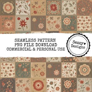 Peut inclure: Un motif sans couture avec un design patchwork. Il présente des motifs floraux dans des tons beige, marron et vert. Le design comprend des carrés avec diverses illustrations de fleurs et le texte "SEAMLESS PATTERN PNG FILE DOWNLOAD COMMERCIAL & PERSONAL USE".